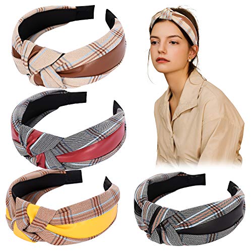 Mehayi 4 Pieces Wide Artificial PU Leather Turban Knot Headband Plain Fashion Elastic Hairband Head Wrap Headwear Hair Hoops for Women and Girls, 4 Colors…