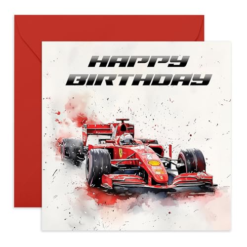 F1 Geburtstagskarte – 'Birthday Red Race Car' – Geschenke für Jungen, Männer, Ihn, Vater, Bruder, Onkel, Neffe, Opa, Kollegen, Cousin, Freund – schnell – mit lustigen Aufklebern