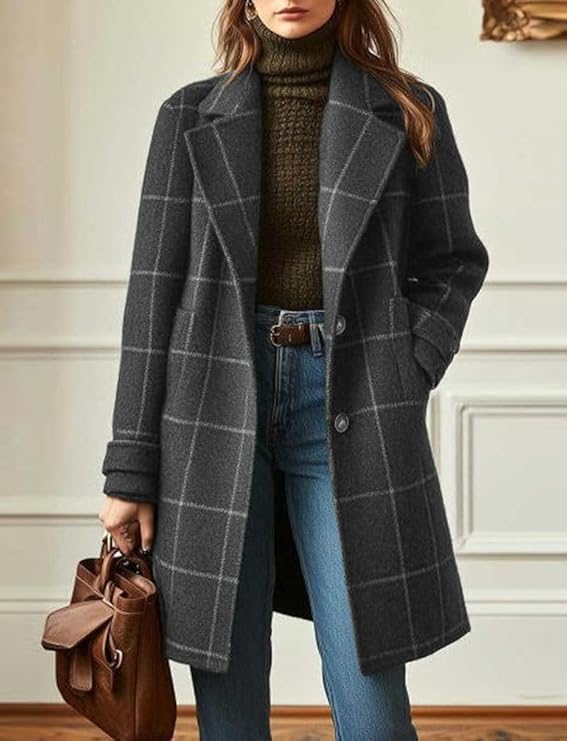 Plaid Wool Coats for Women Notched Lapel Casual Checkered Mid Long Dress Blazer Jackets Single Breasted Trench Coats Peacoats - Image 4