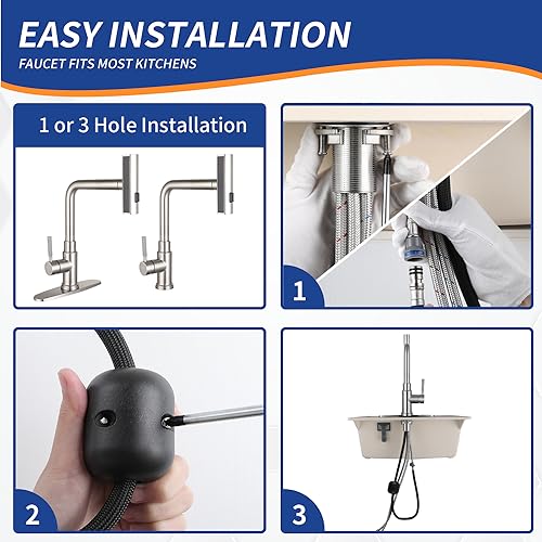 Deseegoal Waterfall Kitchen Faucets with Pull Down Sprayer, Three Function Sprayer Single Handle Sink Faucet 1 or 3 Hole Installation, 360°Rotatable Kitchen Sink Faucet, Brushed Nickel - Image 7
