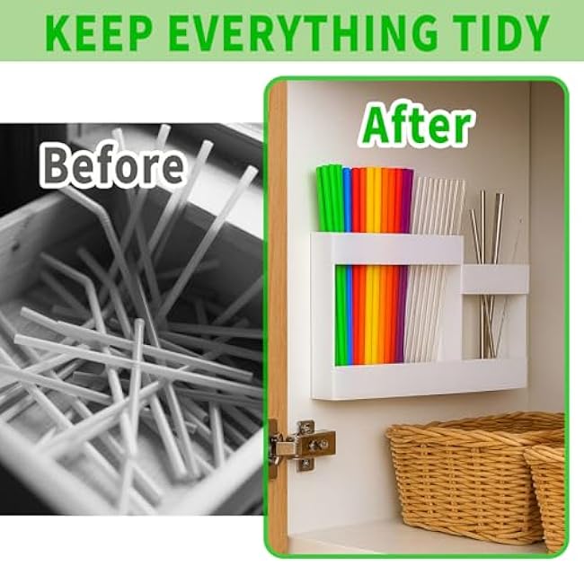 Hanging Acrylic Straw Dispenser Organizer for Cabinet, Reusable Straws Holder Storage Container for Kitchen Counter Cupboard Drinking, for Long & Short Straws (Clear)