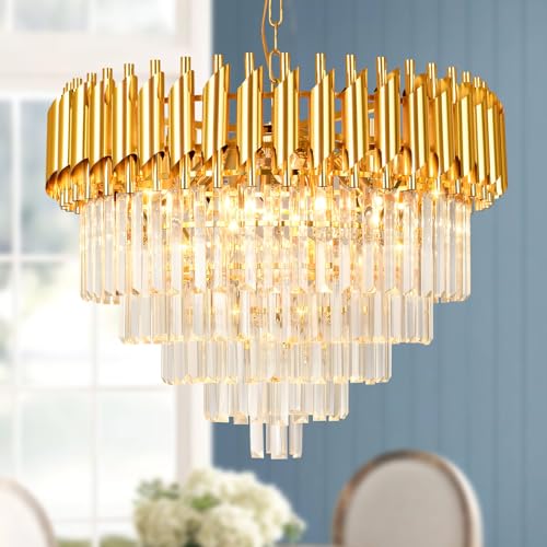 Modern Led Crystal Pendant Light Golden Crystal Chandelier Lights 5-Tier Raindrop Chandelier Light Fixture Flush Mount Ceiling Light for Dining Room Living Room Table Foyer,D60cm E14x8 LED lights