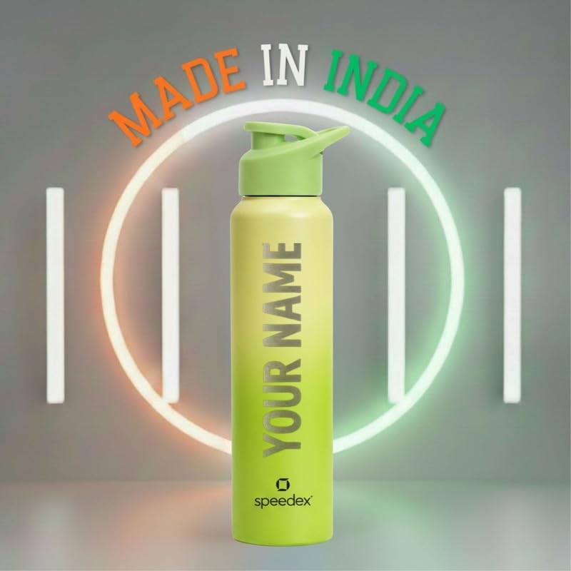Image of Speedex Engraved Name Stainless Steel Sipper Water Bottle 1 Ltr - Customised Personalised Bottle for Kids & Adults, School, Gym, Sports, Lime Green, Set of 1