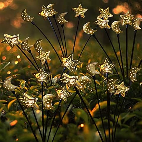 YJFWAL 6LED Starburst Swaying Solar Lights, 2 Pack Star Moon Decorative Solar Garden Lights, Christmas Outdoor Waterproof Firefly Swaying Light for Yard Patio Pathway Decoration Cover