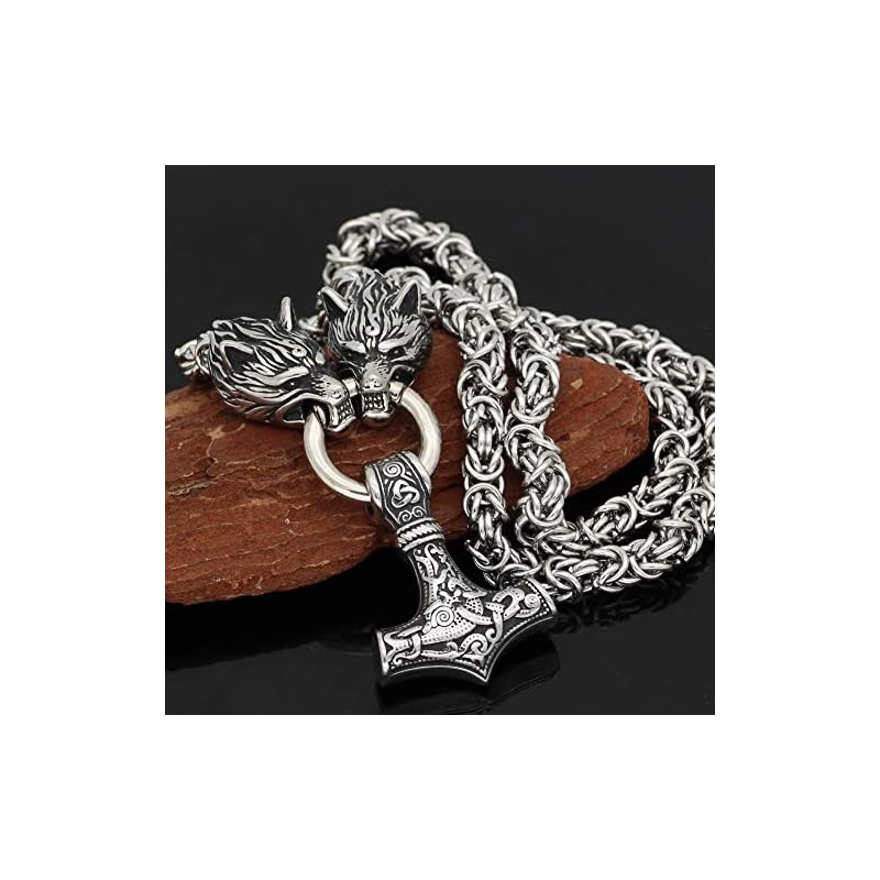 GuoShuang Wolf Head with Thor Mjolnir Pendant Necklace Stainless Steel - King Chain (20 INCH ) - Image 3