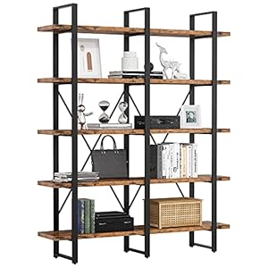 IRONCK Industrial Bookshelf and Bookcase Double Wide 5 Tier, Large Open Shelves, Wood and Metal Bookshelves for Home Office Furniture, Easy Assembly