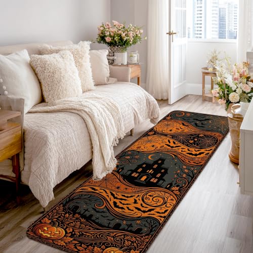 Alfombra de pasillo interior rectangular de pelo bajo temática calabazas de Halloween naranja 2