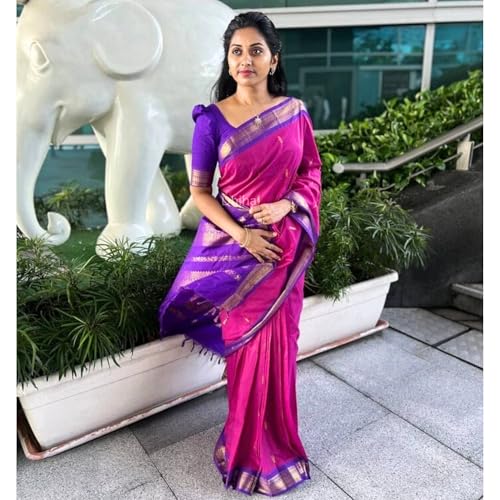 Image of DHIHA Gadwal Cotton Saree for Women | Pure Kalyani Cotton Saree with Zari Border Tassels & Blouse | Kanjivaram Linen Silk | Handloom Weave