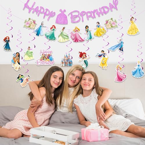 Princess Birthday Party Decorations Include 1pc Glitter Happy Birthday Banner,1pc Princess Banner and 14pcs Cute Hanging Swirls for Girls, Pre-Assembled Party Decorations - Image 3