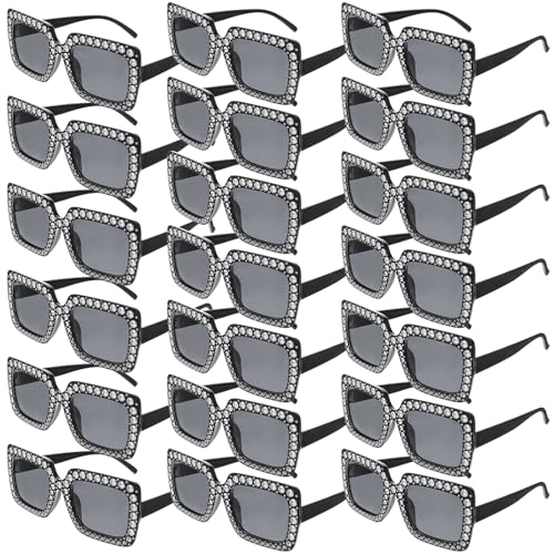 Sibba 20 Pcs Crystal Square Sunglasses Black Rhinestone Sparkling Bling Glasses Thick Frame Trendy Classic Sunglasses Glitter Disco Retro Cool Eyeswear for Women Men Bachelorette Party Glasses Favors