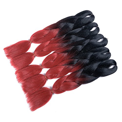 MSHAIR Ombre Jumbo Braiding Hair Extension Synthetic Kanekalon Fiber for Twist Braiding Hair Black/Wine Red Color 24 Inch 5 Pieces/lot