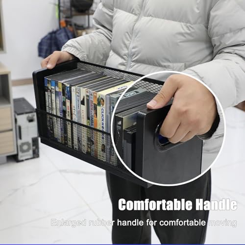 Image of DVD Blu ray Storage Rack, DVD Shelf Holds Up To 28 DVD Cases, Stackable Wood & Metal DVD Tower with Magnetic Opening Door for Easy Access, Desktop Organizer for CDs, Video Game, VHS Tapes