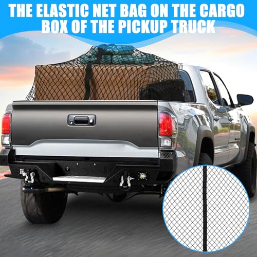 Hochelastisches Gepäcknetz 120x120cm (Max. 210x210cm Dehnbar), LKW-Bett-Organizer mit 6 Stahlkarabinern für Große SUVs Transporter Busse Vans • Ladungssicherung Einlagige(Einlagig)