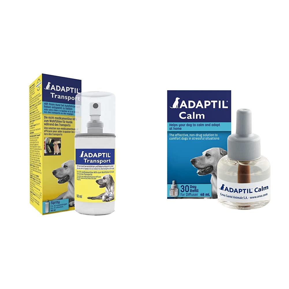 ADAPTIL Calm Transport Spray, helps dog cope with travelling and other stress related short term challenges, 60ml & Calm 30 day Refill, helps dog cope with behavioural issues and life challenges, 48ml