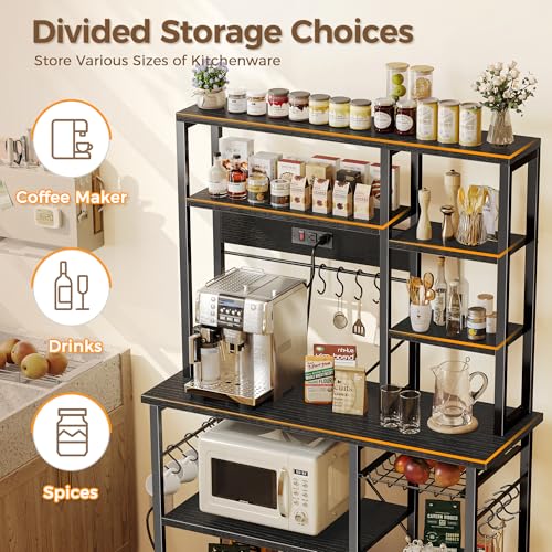 Image of SUPERJARE Large Bakers Rack with Power Outlets, 6-Tier Microwave Stand, Coffee Bar with 12 S-Shaped Hooks, Kitchen Shelf with Wire Basket, 39.4 x 14.6 x 66.9 Inches, Black
