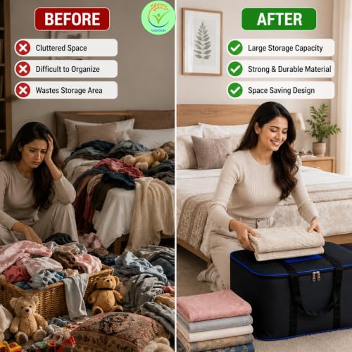 Image of Storage Bags for Blanket, Clothes, Toys and Bed Sheet Cover Bag - Underbed Large Size Black Cover Bags (54 x 46 x 28 cm) (Blue, Pack of 20)