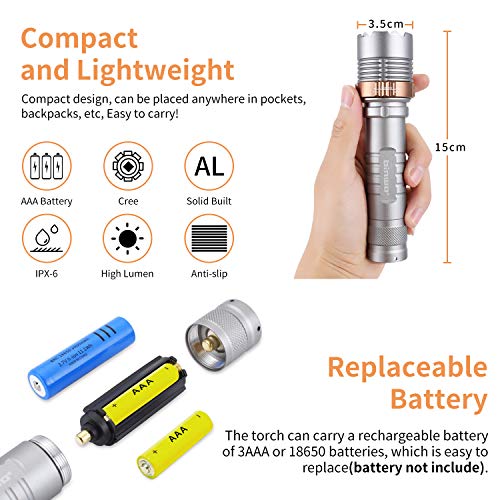 [2 Pack]LED Tactical Flashlight, BINWO High-Powered LED Flashlight T3000 - Brightest High Lumen, Zoomable, Powerful Handheld Torch Light with 5 Modes - Best Camping, Outdoor, Emergency Flashlights - Thumbnail 4