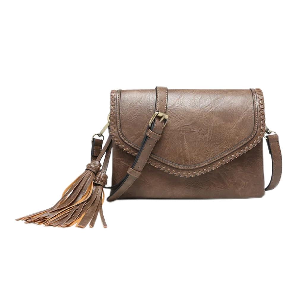 M1802A Flapover Crossbody w/ Whipstitch & Double Tassel