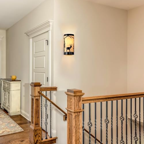 Image of Wall Sconce Light,Deer Metal Yellow Parchment Farmhouse Wall Sconce,Rustic E26 Base Wall Mount Lamp,Matte Black Bedroom Wall Lights,Indoor Wall Lamps for Living Room,Hallway(Hardwired Only)