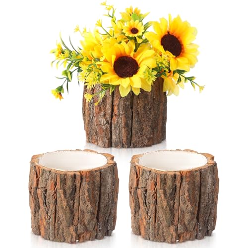 3 Pcs Wooden Vase for Centerpieces Wooden Flower Vase Rustic Bark...