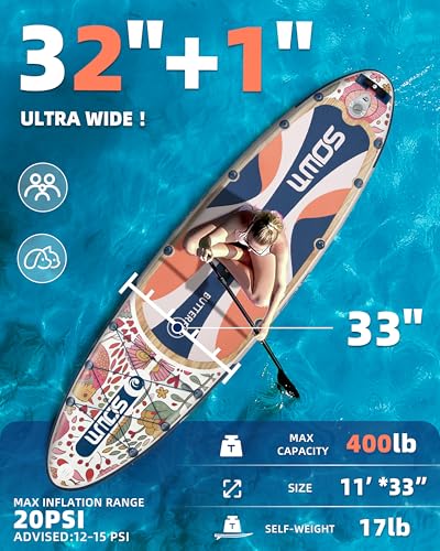 Image of 11'*33 inch /34 inch Inflatable Stand Up Paddle Board for Beginners,400 /420lbs Capacity, Anti-Slip EVA Deck, Includes Adjustable Paddle, Pump, Backpack & SUP Accessories for Surfing, Fishing, Yoga & More