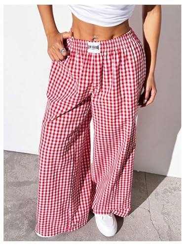 OYOANGLE Women's Gingham Wide Leg Y2K Long Pants4