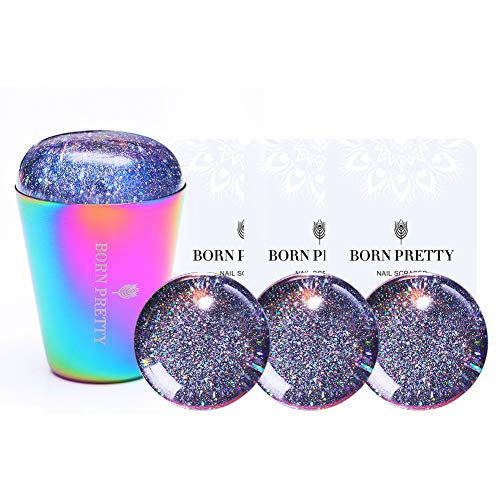 BORN PRETTY Nail Stamper holographic Head colorful Handle Shining Silicone Stamper With 3 Replace Stamper Head and Scraper for Nail Art Stamping Plate