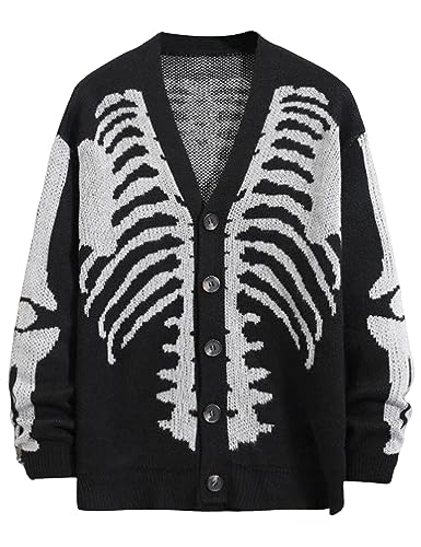 Yimoon Men's Skeleton Print Cardigan Sweaters Casual V Neck Button Down Open Front Sweater Coats