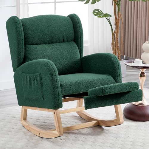 Image of NIOIIKIT Nursery Rocking Chair with Footrest, Teddy Upholstered Glider Chair, Nursery Gliding Recliner with Side Pocket, Glider Rocker for Living Room (Dark Green Teddy)