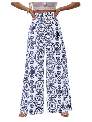 Verdusa Women's Boho Tribal Baggy Pants Vintage Vacation Wide Leg High Rise Palazzo Pants