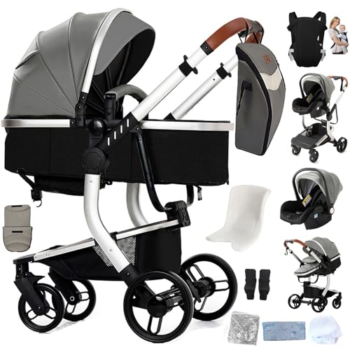 Reenborn Cuir PU Poussette 3 en 1, Poussette Bebe avec Réversible Deux Façons de Pousser, Pousette 3 in 1 avec Conception Pliable en Un Clic, Pousette Trio...