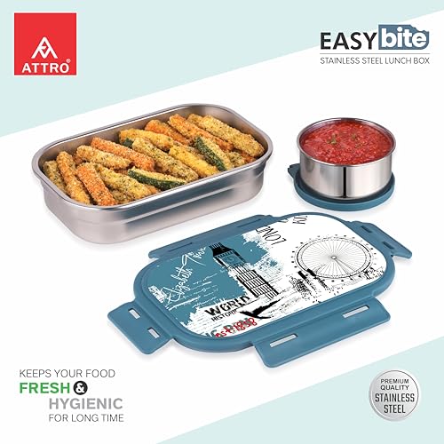 Image of ATTRO Easy Bite Stainless Steel Lunch Box with Inner Steel Body, Airtight 4-Side Lock Lid, Leakproof Silicone Seal, Small Container for Office School Kids Tiffin Box - 650ml+150ml-London Journey Blue