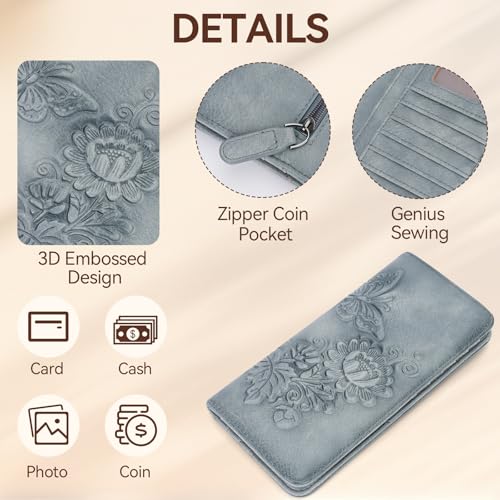 Image of Wallet Women Ultra Slim Thin Rfid 3D Embossed Vegan Leather Womens Wallet Clutch Long Ladies Wallet (06-Blue)