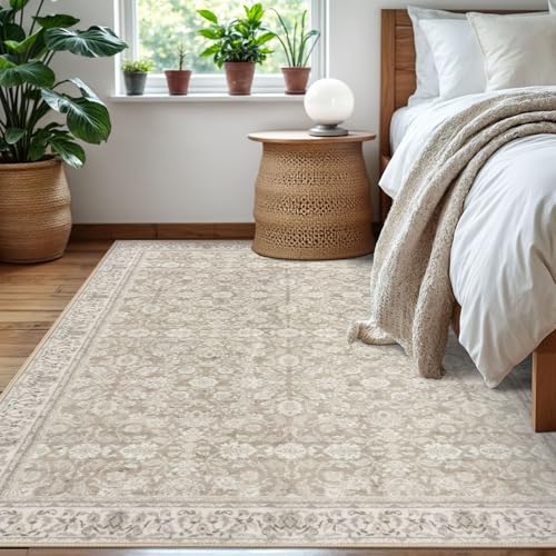 Cream Beige White Grey 5x7 Area Rug for Bedroom, Large Vintage Neutral Rug with Non-Slip, Non-Shedding Washable Area Rugs for Living Room, Soft Distressed Floral Carpet for Office Home Décor