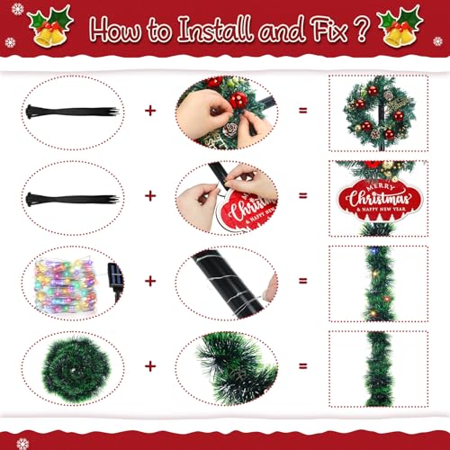 Daifunli 8 Pcs Christmas Lamp Post Light Decoration Include Xmas Wreath for Garden 100 LEDs Solar Strip Light 2 Red Bows 2 Christmas Garlands Set for Outdoor Holiday Solar Post Lamp Garden Lawn by Daifunli - Image 6
