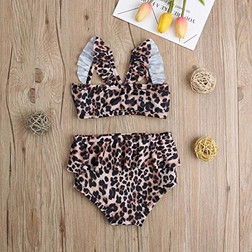 2Pcs Set Toddler Baby Girl Swimsuit Floral Leopard Ruffle Swimwear Bikini Tankini Sunsuit (A Leopard, 4-5T)