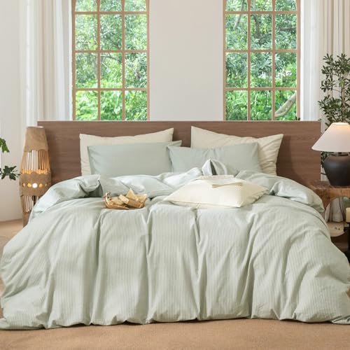 Image of MooMee Striped Duvet Cover Set 100% Washed Cotton Linen Like Queen | Relaxed Linen-like Texture. Soft, Breathable & Long-lasting Comfort. Lightweight. Hidden Zipper with 8 Interior Corner Ties