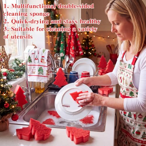 Image of Tioncy 12 Pack Christmas Tree Kitchen Sponges Bulk Red Tree Dual Sided Scrubber Sponges Dishwashing Kitchen Cleaning Accessories for Home Decor Household Supplies