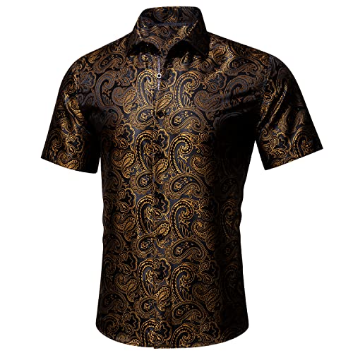 Men's Silk Shirt Paisley Floral Jacquard Short Sleeve Button Down Dress Shirts Formal Casual Wedding Party2