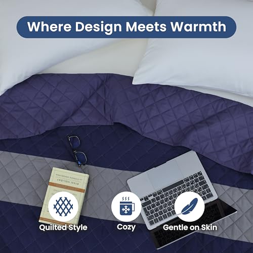 Image of Martex Reversible Coverlet, Full Queen, Rugby Stripe /Navy | Lightweight, Durable, Soft, Easy Care, Reversible