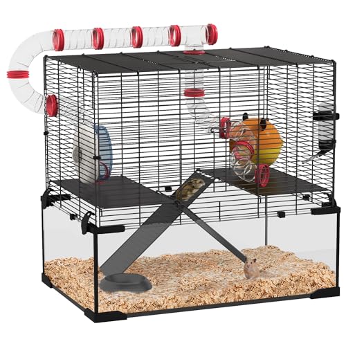 PawHut Cage à hamster, cage à gerbille avec fond en verre profond, tunnels, rampes antidérapantes, plateformes, cabane, roue d'exercice, bouteille d'eau, plat, pour...