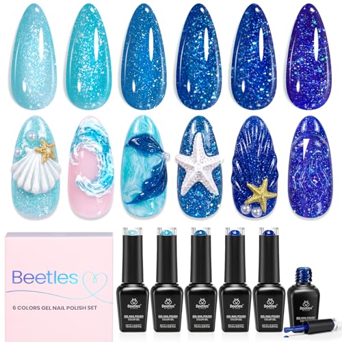 Image of Beetles Blue Gel Nail Polish Set, 6 Colors Glacier Diamond Glitter Deep Blue Shimmer Gel Polish, Sparkling Summer UV Soak Off Nail for DIY Nail Art Salon Home Gift for Women