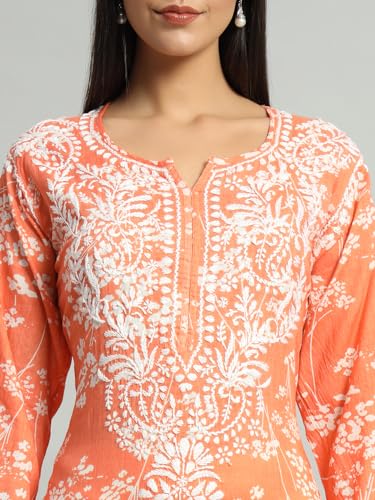 Image of Bilal Handicrafts Women's Lucknowi Chikankari MUL Cotton Straight Kurti | Floral Embroidered Calf Length Kurta | Sizes 36-46 | Orange