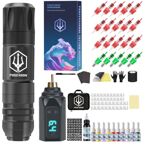 POSEIDON Wireless Tattoo Pen Kit - Professional Cordless Tattoo Gun with 1500mAh Battery & 20 Cartridge Needles | Complete Tattoo Machine Kit for Beginners