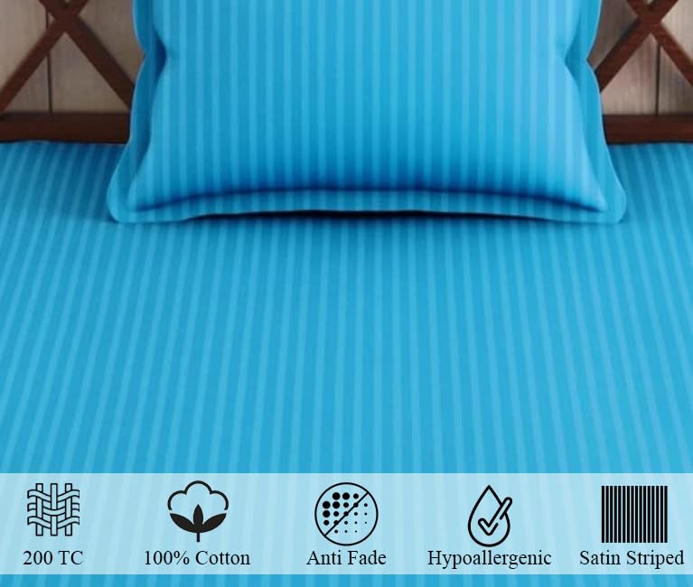 Image of Trance Home Linen 100% Cotton 200 TC Satin Stripe Single Bedsheet with Pillow Cover | Fade-Resistant, Soft & Hypoallergenic |Flat Bedspread for Single Mattress - (54 x 90 inch, Aqua Turquoise Blue)
