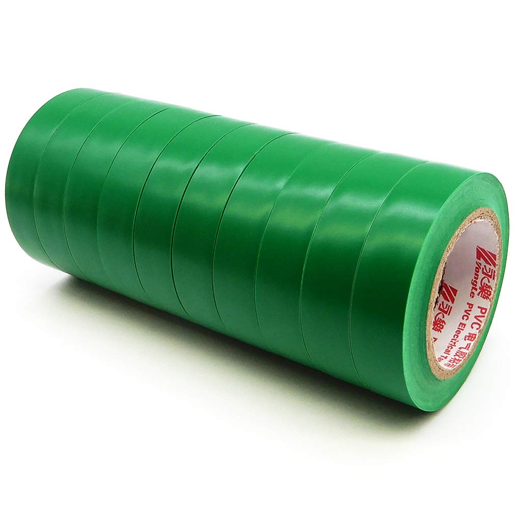 Maveek 10 Rolls PVC Electrical Tapes, Self Adhesive Waterproof Insulation Green Tapes, Rated up to 600 Volts and 176 °F, 15mmx15m(0.6" x 49.2ft)