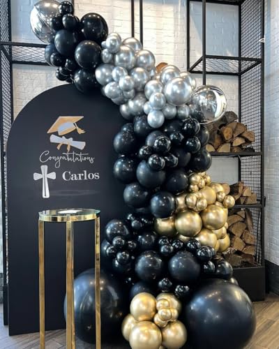 Image of KBZVNAF Black Gold Silver Latex Balloons - 60 Packs 12 Inches Black Metallic Chrome Gold Silver Balloons for Birthday Wedding Baby Shower Graduation Party Decoration