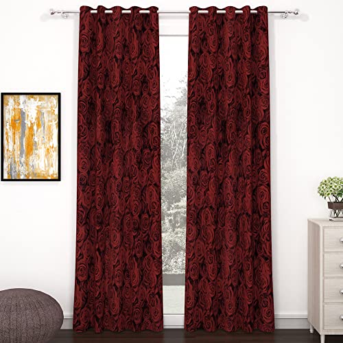 Image of Door Curtains 7 feet Long Set of 2 | Floral Design | Polyester, Light Filtering Curtains and Drapes | Curtains for Living Room | (118 x 215 cm, Red) | Perfect for Home Decor