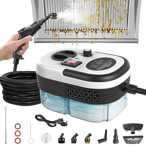 Dampfreiniger für Haushalt und Auto, 3-Stufig Einstellbarer Dampfreiniger, 2500W, 1,2 l großer Tank, 10 Sekunden Schnelles Erhitzen, mit 14 Zubehörteilen, für Boden, Küche, Fenstern,Badezimmern, Auto