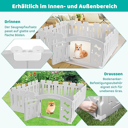 MAMIZO Welpenauslauf 60cm Hoch, Laufstall Hund 7+1 PCS Platten, Plastik Welpenlaufstall, Faltbare Hundegitter, Hundezaun mit Tor, Inkl. Saugnäpfe & Erdanker, Hundekäfig für Zuhause und Outdoor, Grau